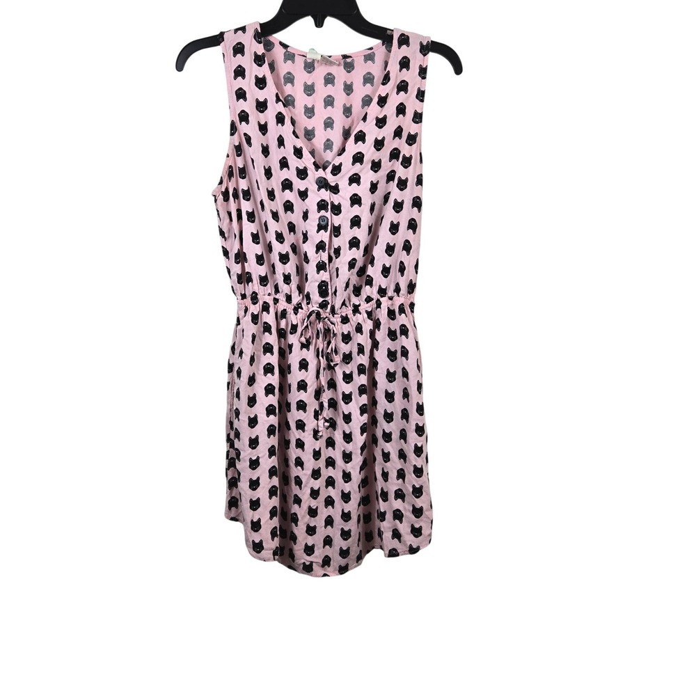 Mimi Chica Women Pink Allover Black Cat Print Sleeveless Mini Dress Large Kawaii